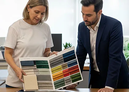 Profissional de tapeçaria demonstrando materiais e cores